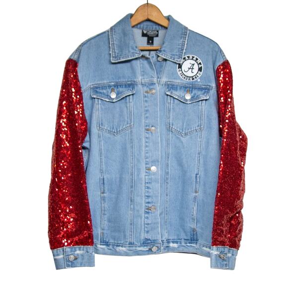 ALABAMA CRIMSON TIDE Wild Collective Blue Jean Jacket Red Sequence Sleeves NWT - Picture 1 of 7